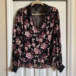 White House Black Market Sheer Burnout Floral V-neck Blouse